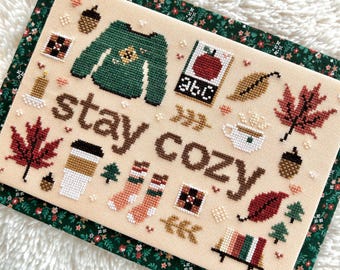 Autumn Cross Stitch Pattern - Stay Cozy - PDF Chart - fall leaves, comfy sweater, mug, socks, coffee, tea, acorns, candle, quilts, trees