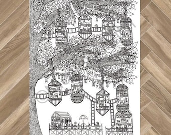 Zwergenhäuser im Baum - Ausmalbild zum Ausdrucken (PDF & JPEG)