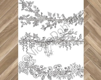 Birds on Branches Coloring Page – Printable Floral Design (PDF)