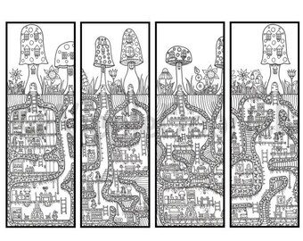 Gnomes Underground Home Bookmarks - Printable Adult Coloring Page - Instant Download Adult Coloring Book - Instant Print Kids Coloring Page