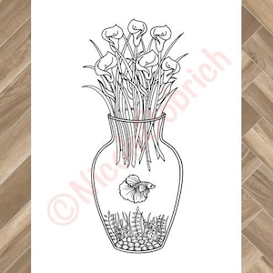 May include: A black and white line drawing of a vase with a bouquet of calla lilies and a fish inside. The vase is round and has a narrow neck. The flowers are arranged in a symmetrical pattern. The fish is swimming in the water at the bottom of the vase.