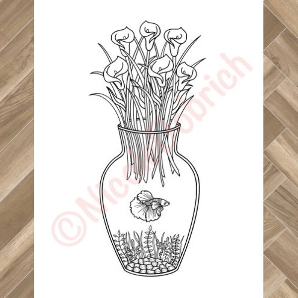 Betta Fish in Glass Vase - Printable Adult Coloring Page - Instant Download Adult Coloring Book - Instant Print Kids Coloring Page