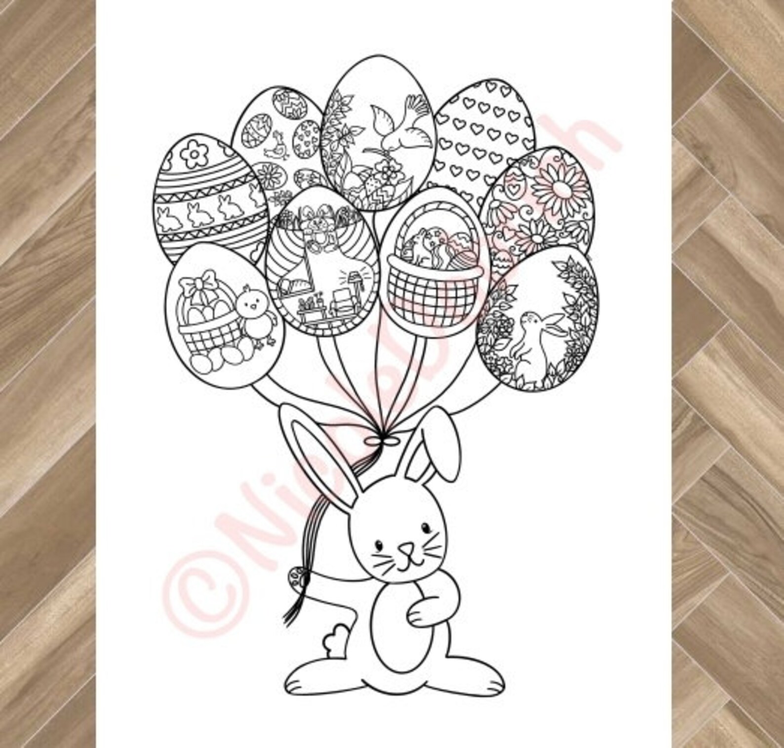 Easter Bunny holding balloons Printable Adult Coloring Page | Etsy