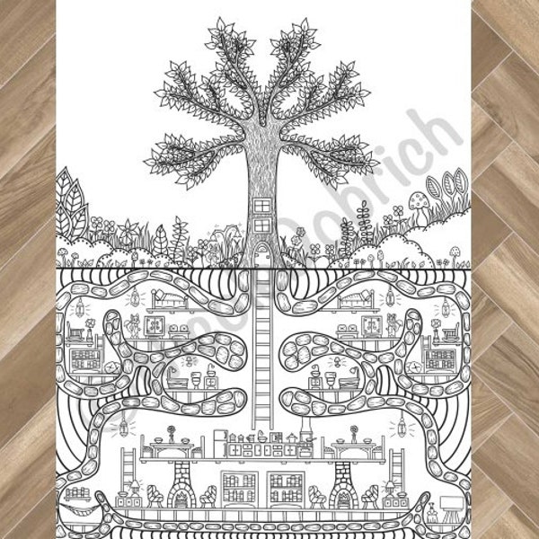 Fox Den Underground Home - Printable Adult Coloring Page - Instant Download Adult Coloring Book - Instant Print Kids Coloring Page