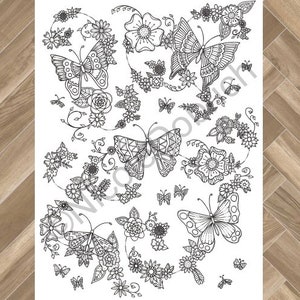 Butterflies & Flowers - Printable Adult Coloring Page - Instant Download Adult Coloring Book - Instant Print Kids Coloring Page