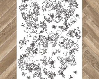 Schmetterling und Blumen Malseite - Printable Erwachsene/Kinder (Digitaler Download)