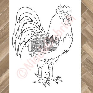 Rooster with Farm Scene Coloring Page - Printable Adult Coloring Page - Instant Download Adult Coloring Book - Kids Coloring Page