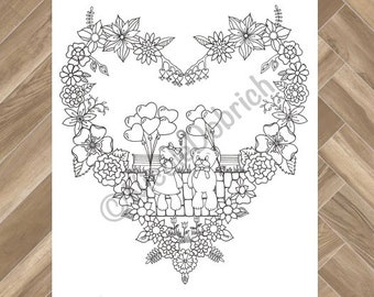 Valentinstag Teddybären Malseite - Printable Malbuch (Instant Download)