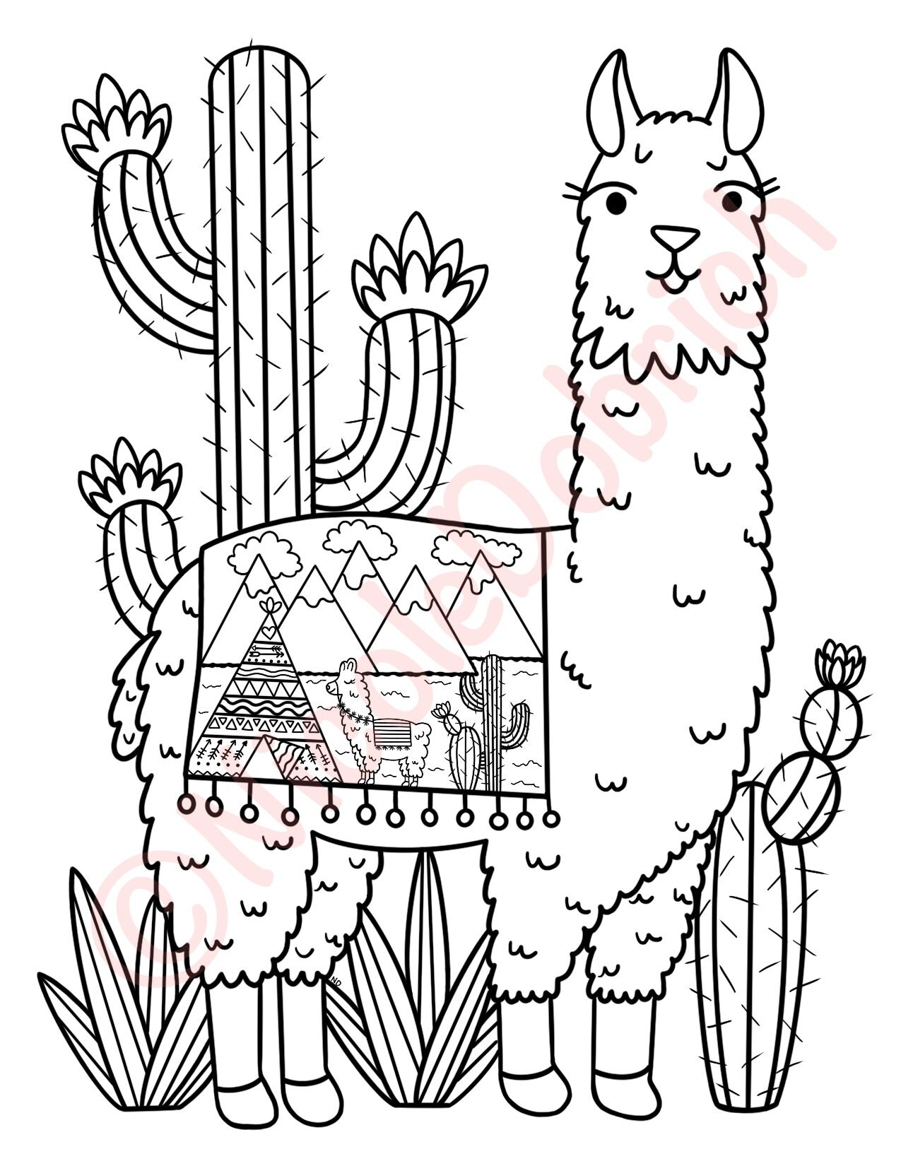 llama with boho tent desert scene coloring page printable etsy