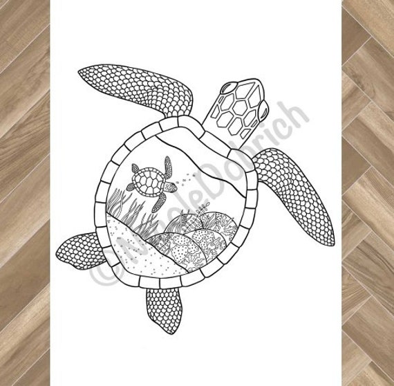 Sea Turtle Shell Ocean Scene Printable Adult Coloring Page Etsy