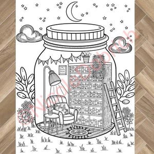 Book Nook Inside a Glass Jar - Printable Adult Coloring Page - Instant Download Adult Coloring Book - Hand Drawn Coloring Page
