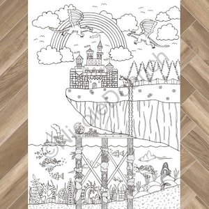 Draken & Zeemeermin Sprookjesland - Afdrukbare kleurplaat voor volwassenen - Instant Download kleurboek voor volwassenen - Instant Print Kids kleurplaat
