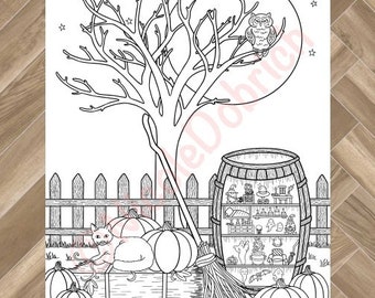 Halloween Gnom Malseite, schwarze Katze & Eule (Printable Digital Download)