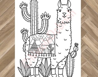 llama with boho tent desert Scene Coloring Page - Printable Adult Coloring Page - Instant Download Adult Coloring Book - Kids Coloring Page