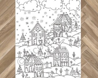 Lebkuchen-Weihnachtslandschaft - Ausmalbilder zum Ausdrucken für Erwachsene und Kinder