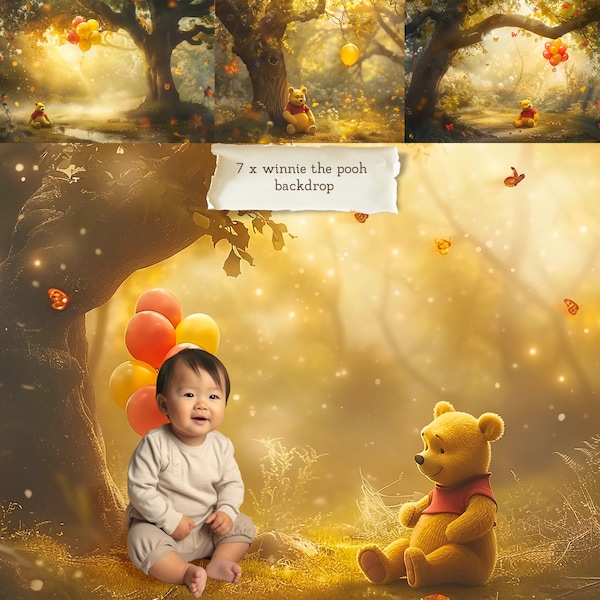 7 x winnie the pooh backdrop background, Cake Smash Digital Backdrop, Winnie The Pooh 1st Birthday Backdrop, Digital Photo Props Backgrounds