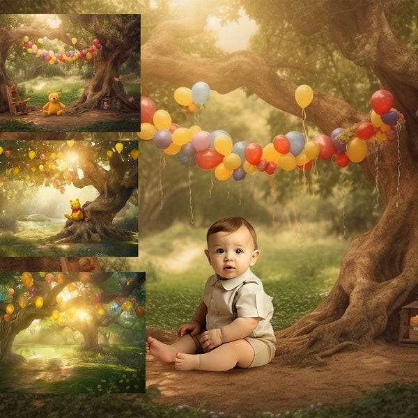 3 x winnie the pooh backdrop background, Cake Smash Digital Backdrop, Winnie The Pooh Baby Shower Backdrop, Digital Photo Props Backgrounds