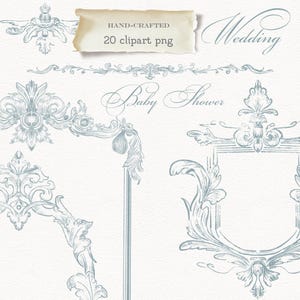 May include: A collection of hand-crafted, light blue clipart PNG images with ornate, vintage-style designs. The image includes decorative frames, borders, and floral elements, with the words "Wedding" and "Baby Shower" in elegant script.
