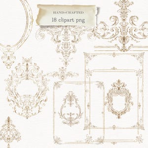 Può includere: Una collezione di 18 immagini clipart PNG dorate realizzate a mano. Le immagini presentano cornici, bordi ed elementi decorativi in stile vintage e ornati. I disegni includono volute, decorazioni e motivi simmetrici.