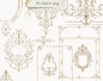 May include: A collection of 18 hand-crafted gold-colored clipart PNG images. The images feature ornate, vintage-style frames, borders, and decorative elements. The designs include swirls, flourishes, and symmetrical patterns, suitable for various design projects.