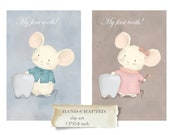 mouse with tooth watercolor clipart png, first tooth poster or card, cute animal mouse boy and girl