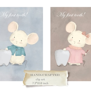 souris avec aquarelle dent clipart png, affiche ou carte de première dent, souris d’animal mignon garçon et fille