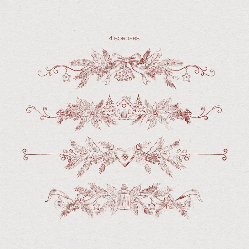 Christmas Line Art Clipart, Burgundy Vintage Christmas Illustrations ...