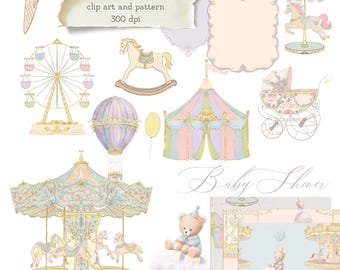 May include: Hand-crafted clip art and pattern with a baby shower theme. The image features a carousel, Ferris wheel, hot air balloon, circus tent, rocking horse, teddy bear, and ice cream cone. The text "Baby Shower" is also included.