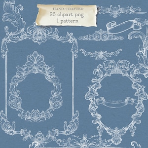 May include: White hand-drawn vintage-style clipart elements on a blue background. The image includes ornate frames, borders, and decorative flourishes. A banner reads "HAND-CRAFTED 26 clipart png 1 pattern".