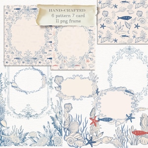 May include: A collection of hand-crafted digital art elements with a nautical theme. The designs feature blue and white illustrations of seashells, starfish, seahorses, and fish, with decorative frames and patterns. The text on the image reads: HAND-CRAFTED 6 pattern 7 card 11 png frame.