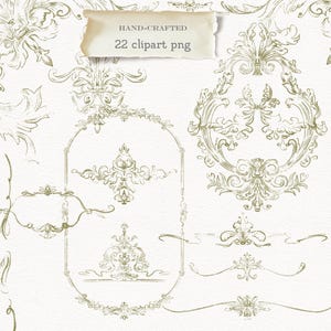 Vintage Franse groene sierlijsten clipartset van 22 PNG decoratieve randen in Chinoiserie bloemenstijl.