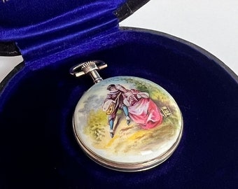 Extremely RARE Pictorial Enamel Case Ladies Silver Fob Pocket Watch. c.1890. with box. Ref no. 805