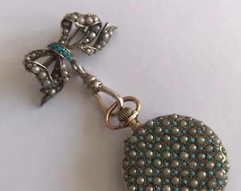 VERY RARE Antique Ladies Seed Pearl Turquoise Solid Silver Cased