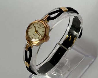 ORIS VINTAGE Ladies Gold Plated Cocktail Wristwatch on black cord leather strap. c.1950. REF No. 412