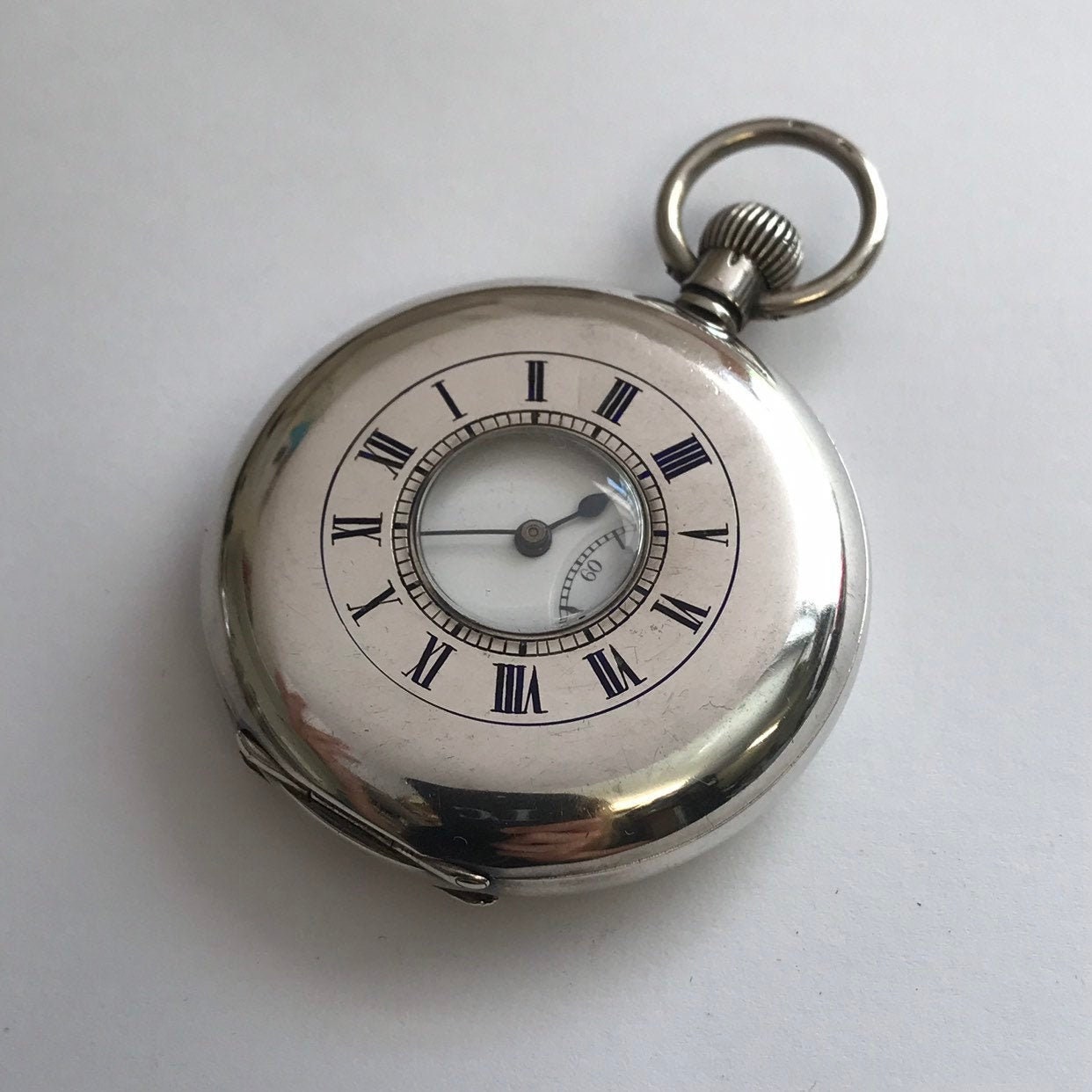 Antique silver half deals hunter pocket watch