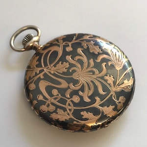RARE ANTIQUE Silver case with Niello & Rose Gold Patterning Pocket Watch c.1915. Ref no.180