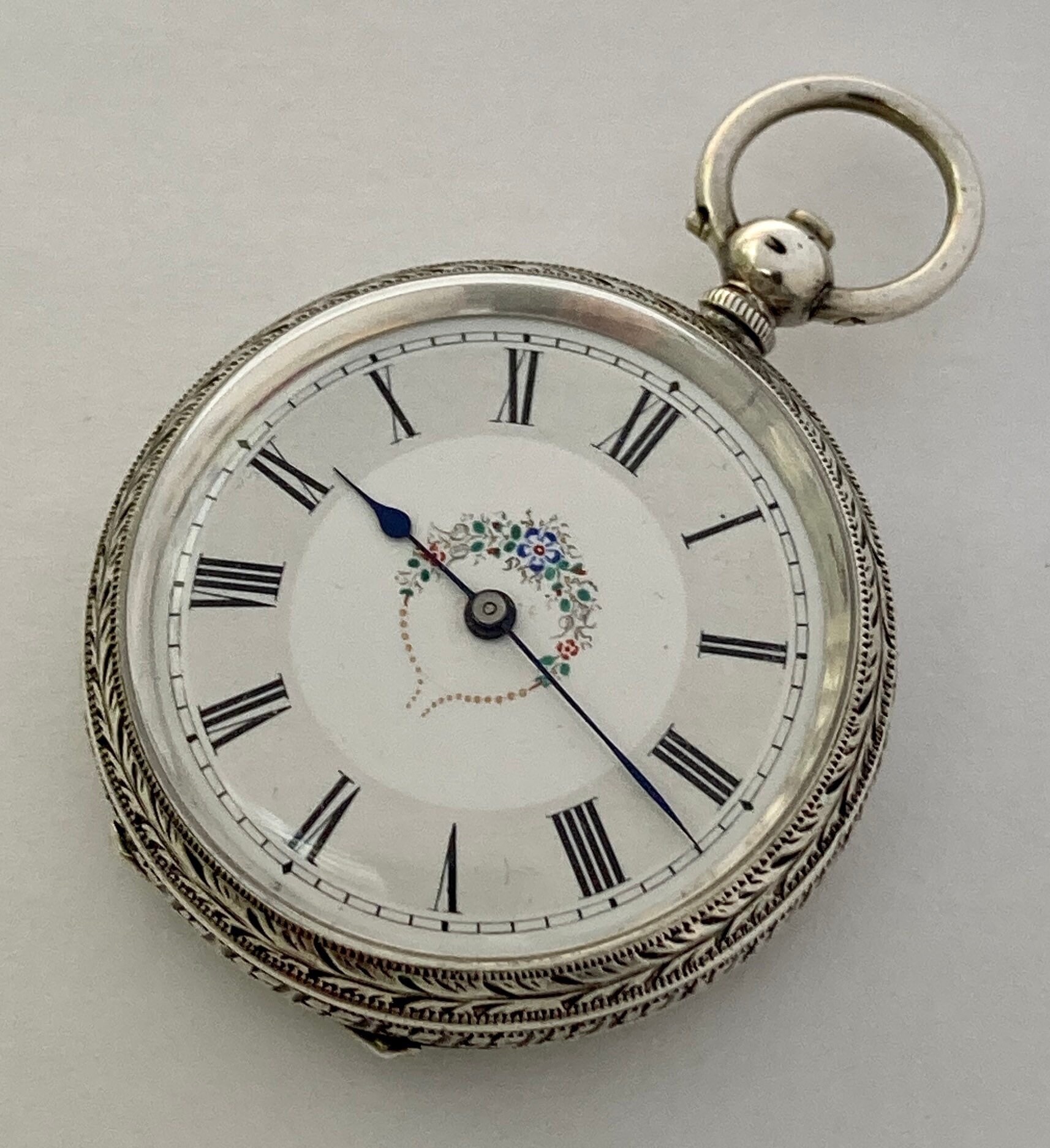 ANTIQUE Ladies Pretty Dial Solid Silver Victorian Fob Pocket Watch