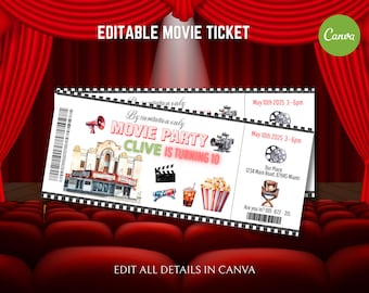 Printable Movie Ticket Movie Birthday Invitation Template, Movie Party invite, Custom Movie Ticket, 10th Birthday Or Any Age Birthday