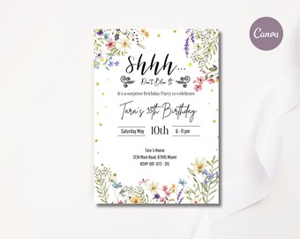 Shhh It's a Surprise Birthday  Invitation, 35th Birthday Invitation, Editable Invite, Wildflower Invitation Card, Modern Surprise Invite