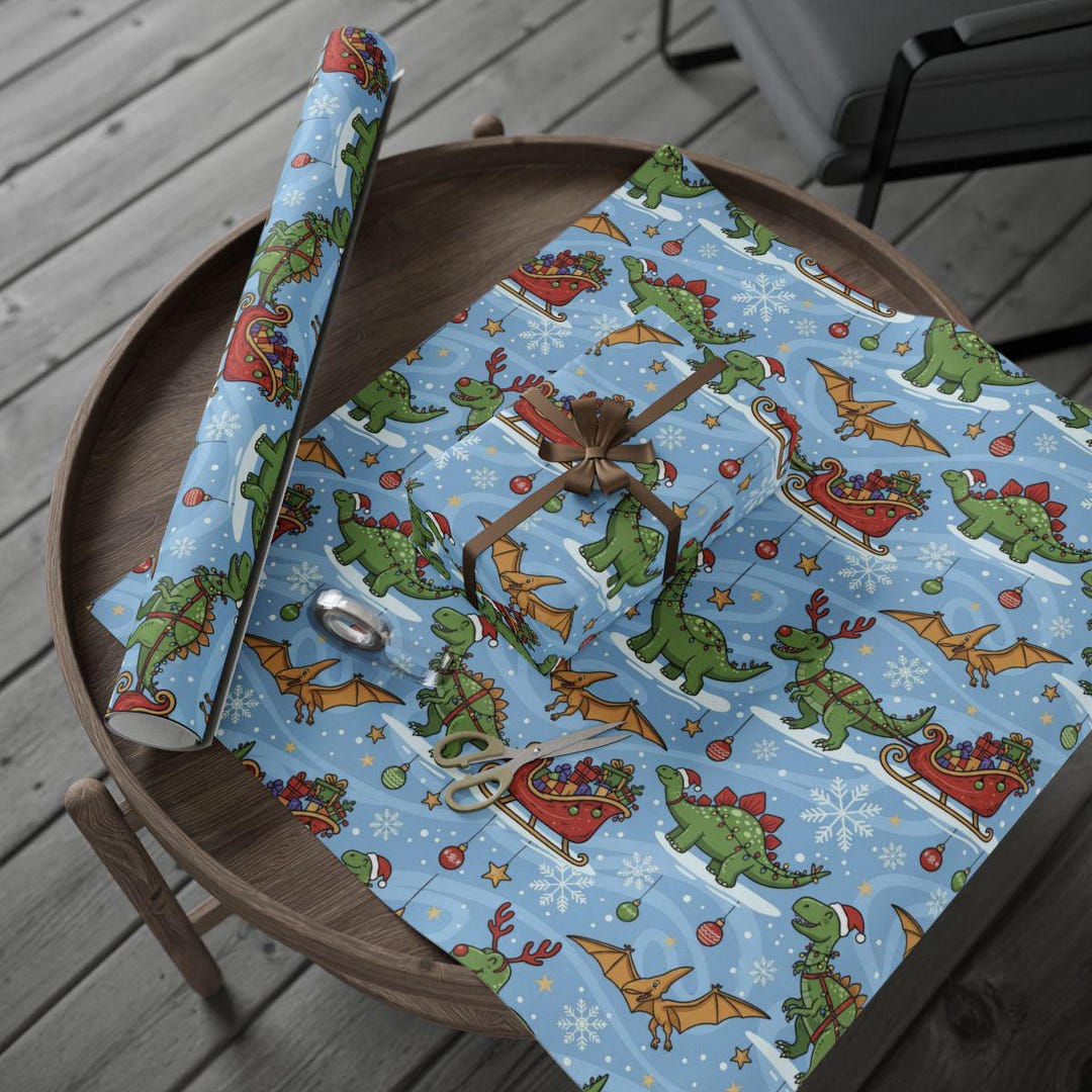 Christmas Dinosaur Wrapping Paper, Holiday Dino Gift Wrap, Festive