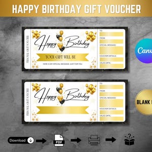 Jeden Anlass, Geburtstagsüberraschung, Geburtstagsgeschenkkarte, alles Gute zum Geburtstag benutzerdefinierte Geschenkgutschein Vorlage, Schwarz und Gold Coupon Printable