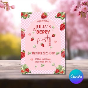 Berry First Birthday Invitation Template, Berry First Birthday Invite, Berry First Birthday Invitation, Canva Editable, Pink Gingham