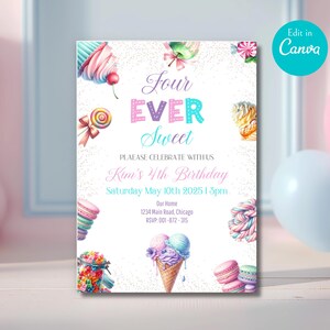 Four Ever Sweet Birthday Invitation Donut Birthday Party Four Ever Birthday Girl 4th Birthday Invite Editable Printable Sweet Celebration