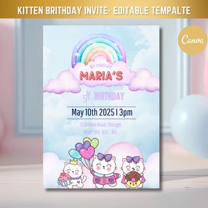 Editable Kitty Birthday Invitation, Kitty Digital Birthday Template, Cute Pink Birthday Theme, Kitty and Friends Birthday Invite Template