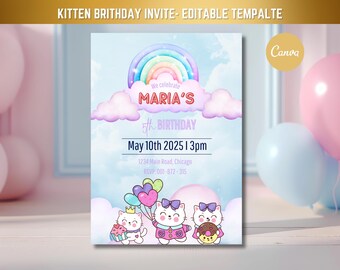 Editable Kitty Birthday Invitation, Kitty Digital Birthday Template, Cute Pink Birthday Theme, Kitty and Friends Birthday Invite Template