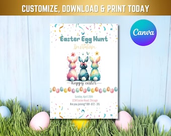 Easter egg Hunt Invitation CANVA EDITABLE, Easter Brunch, Easter Bunny Invite, Gold Easter Egg, Easter Party Invite, Instant Download