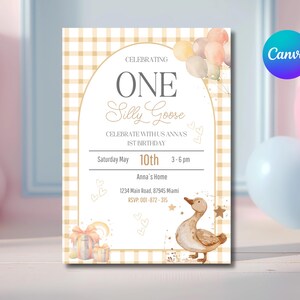 One Silly Goose Birthday Invite, Goose First Birthday Party Invitation, One Silly Goose 1st Birthday Printable Goose Theme Party, Editable