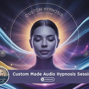 May include: Digital art featuring a woman with closed eyes, surrounded by a radiant light and swirling blue and gold energy. Text reads "Custom Hypnosis" and "Custom Made Audio Hypnosis Session". A small photo of a woman is in the lower left corner.