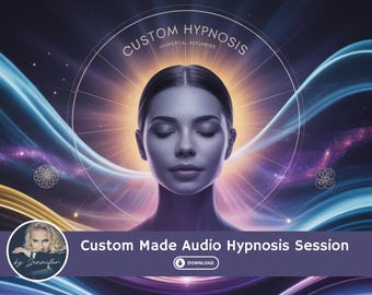 May include: Digital art featuring a woman with closed eyes, surrounded by a radiant light and swirling blue and gold energy. Text reads "Custom Hypnosis" and "Custom Made Audio Hypnosis Session". A small photo of a woman is in the lower left corner.
