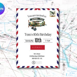 Luftpost Party einladen | Personalisierbare Flugzeug-Geburtstagseinladung | Druckbare Kinder Geburtstagskarte | Pilot Einladung I Top Pilot Einladen I Jet Einladen